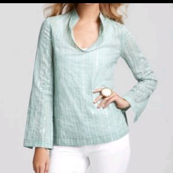 Tory Burch Tops - TORY BURCH Stephanie Green Sequin V-Neck Long Sleeve Cotton Tunic Blouse Size 6